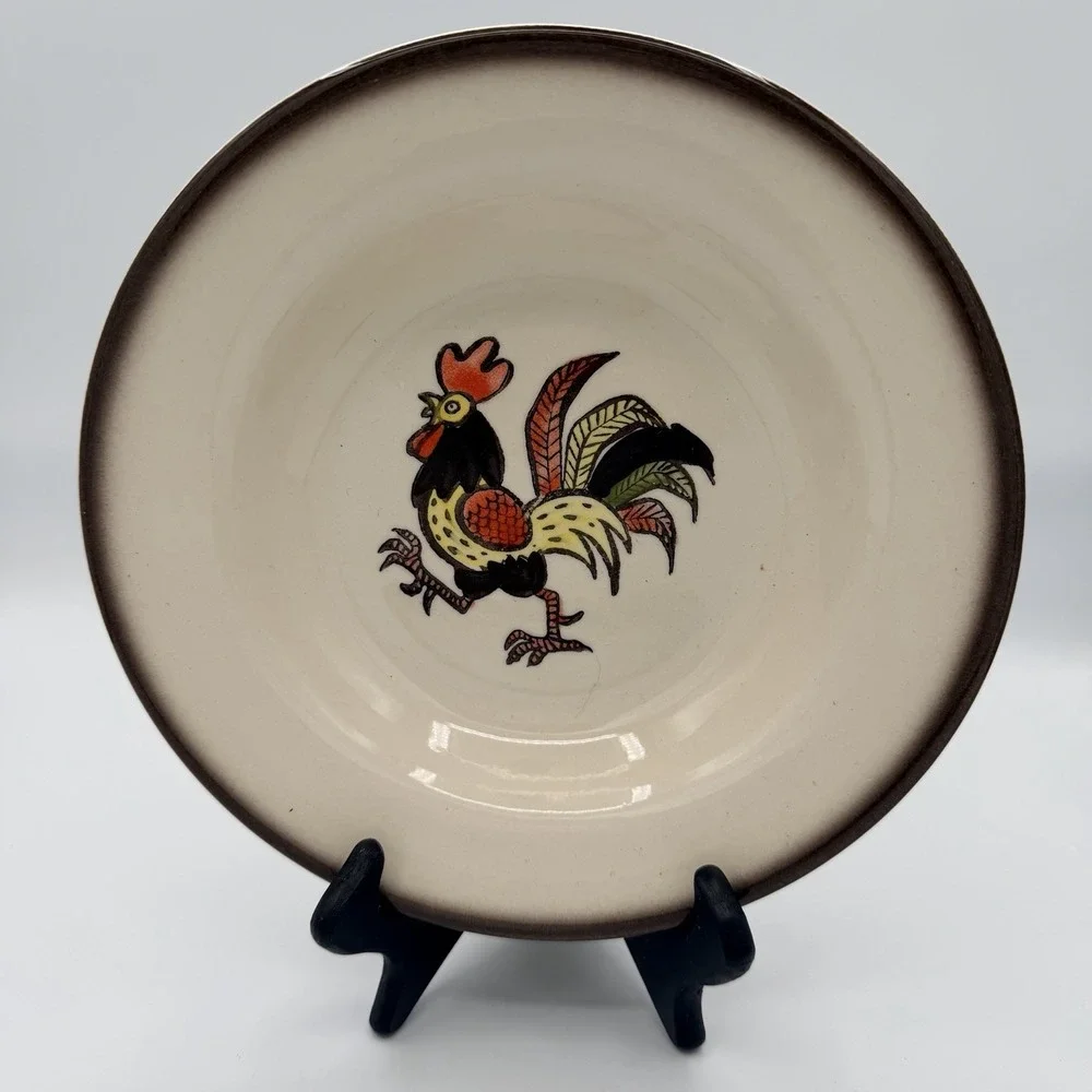 3 Red Rooster by Metlox Poppytrail Soup Bowl Red Brown Rooster Brown Band
